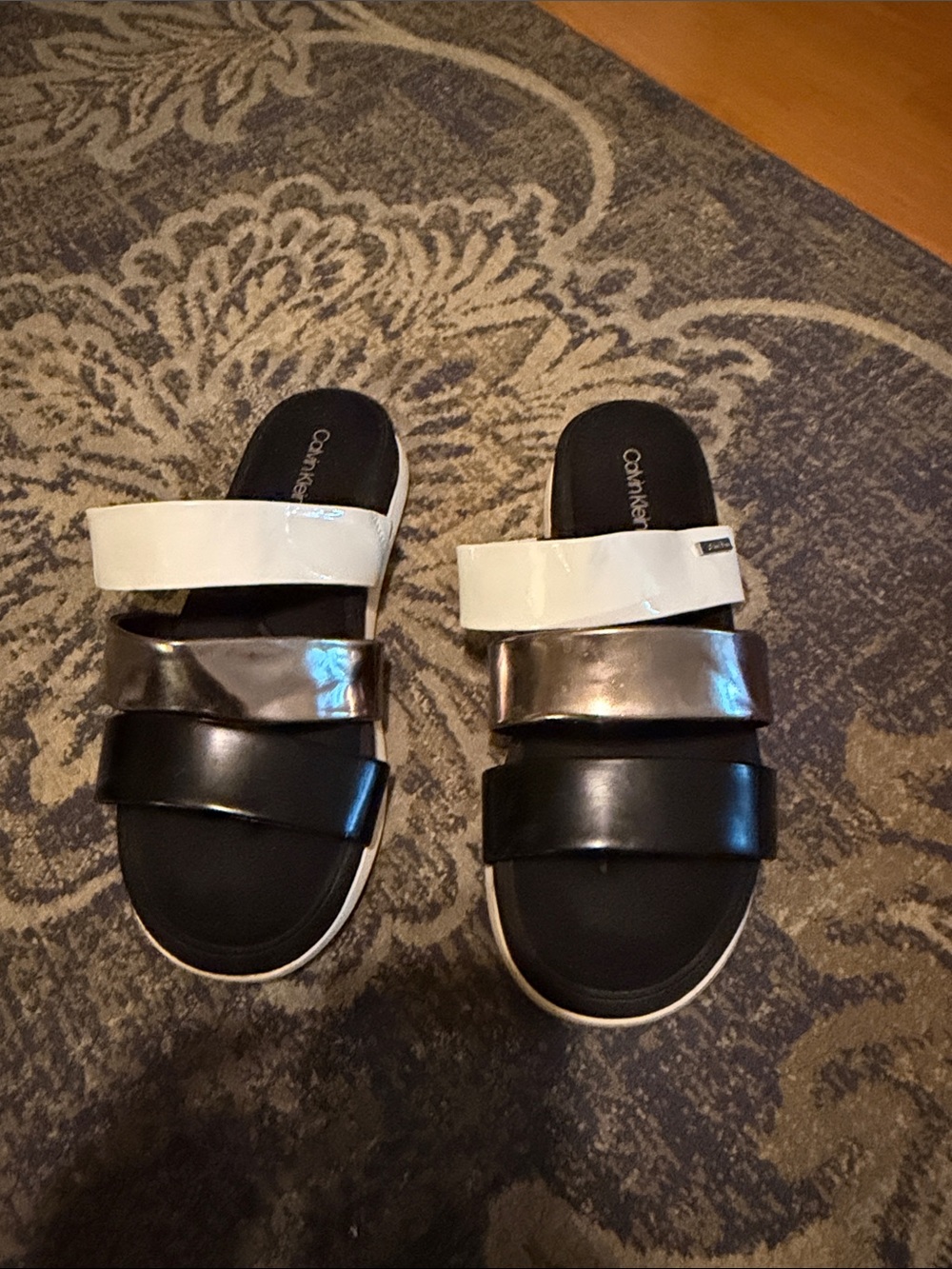 Calvin Klein Triple-Strap Slide Sandals in Black, White Women’s size 8